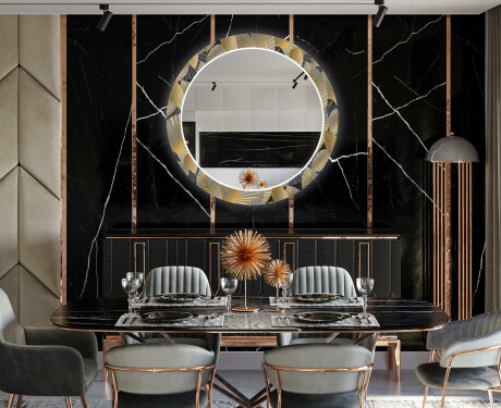 Round Backlit Decorative Mirror LED For The Dining Room - Golden Leaves #10